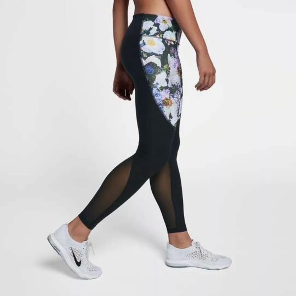 Nike Power Legend Floral Print Mesh Multi Color Leggings Pants Workout Run Small